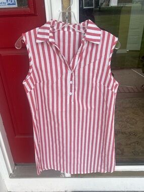 Sleeveless Red & White Striped Mini Shirt Dress